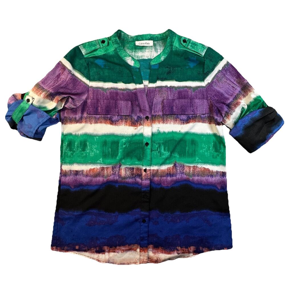 Calvin Klein Blouse Womens Small Multicolor Button Shirt Abstract -441